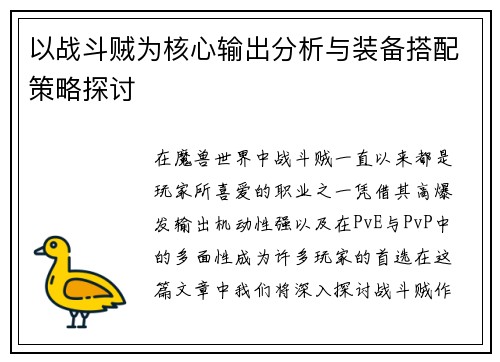 以战斗贼为核心输出分析与装备搭配策略探讨